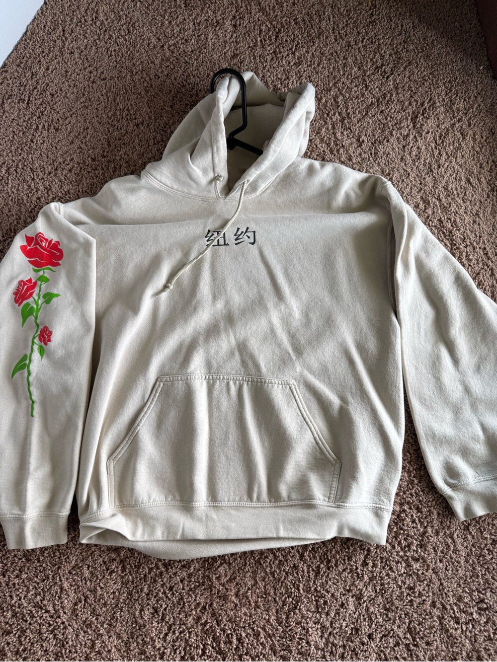 Cream Pullover Hoodie with Red Rose Sleeve Graphic